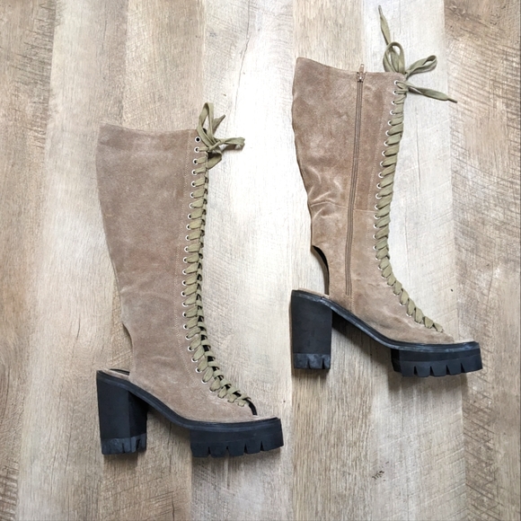 YES Dashawn Tan Lace Up platform Knee High Boots - Picture 3 of 11